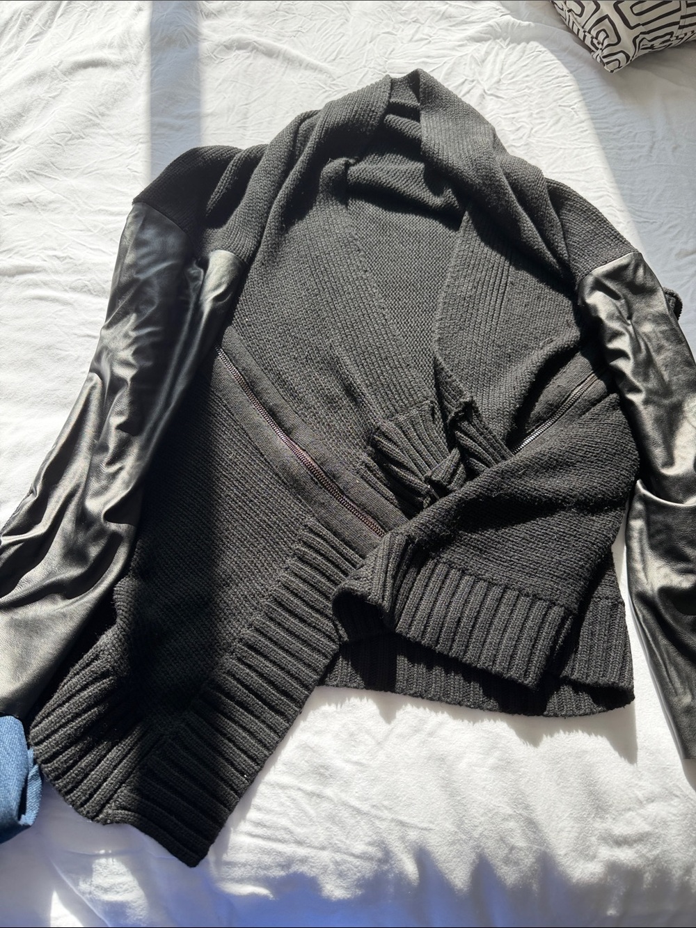Black Open Front Knit Sweater with Faux Leather Sleeves